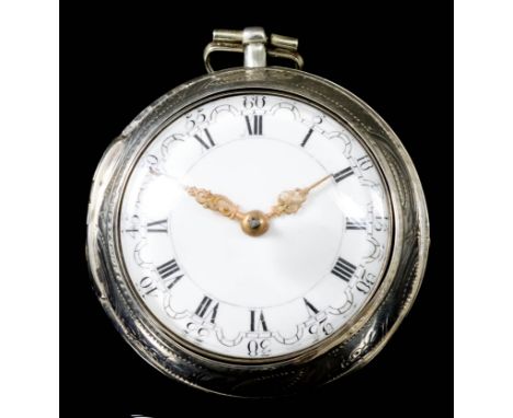 A George III Silver Pair Cased Verge Pocket Watch, by Samson Leekey of London, No. 8833, the white enamel dial with Roman and