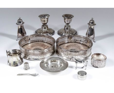 A Pair of George V Silver Circular Wine Bottle Coasters, and mixed silverware, the coasters by Harry Freeman, London 1911, wi