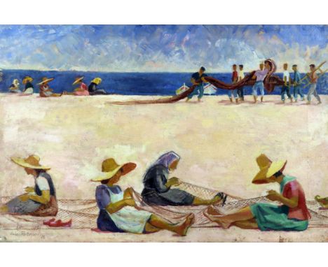***VIOLA PATERSON (1899-1981) - Oil painting - "Nets at Tossa", signed in full and dated '52, canvas 16ins x 24ins, unframed 