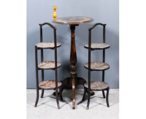 Two Ebonised and Fern Ware Three-Tier Folding Cake Stands and Three Other Pieces of Fern Ware, the cake stands each 29.5ins h