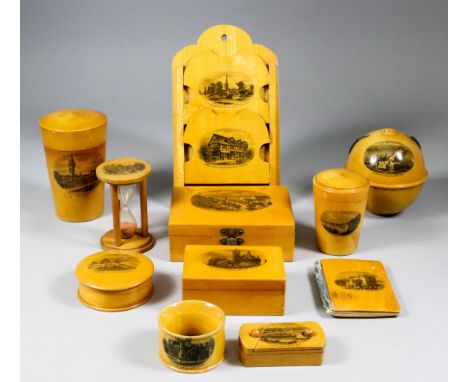 A Mauchline Transfer Ware Table Egg Timer, 2ins diameter x 3.125ins high, a barrel-shaped money box, 1.75ins diameter x 3ins 