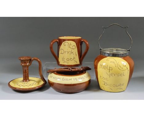 A Cumnock Pottery Biscuit Barrel, with plated fittings and plain slip decoration and incised "Help Yersel Tae Biscuits", inci