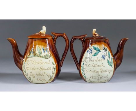 A Cumnock Pottery Teapot and Cover, 19th Century, slip decorated and incised with flowers and leaves and - "Mrs Borland. Yond