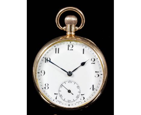 A George V 9ct Gold Cased Keyless Lever Pocket Watch, the white enamel dial with Arabic numerals, subsidiary seconds dial and