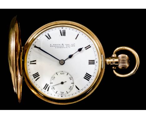 A George V 9ct Gold Half Hunting Cased Keyless Lever Pocket Watch, No. 322974, the white enamel dial with Roman numerals and 