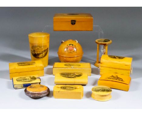 A Mauchline Transfer Ware Rectangular Snuff Box painted with huntsman taking a fence, 3.25ins x 2ins x 1ins high, a cauldron 