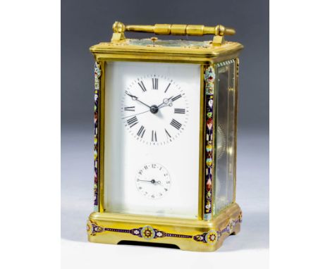 A Chinese Gilt Brass and Enamel Mounted Carriage Clock, Late 19th Century, the white enamel dial with Roman numerals and swee