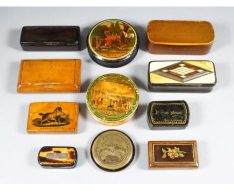 A collection primarily of boxes, 19th Century, including - novelty lacquer and brass circular snuff box, one side engraved "J