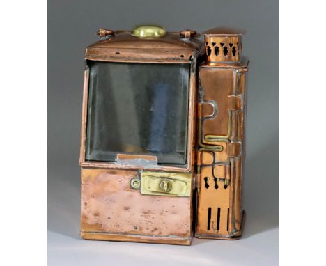 A Copper Ships Binnacle Compass Mounted with an Illumination Lantern, circa 1840, the compass incised "Patent Liquid Dent's C