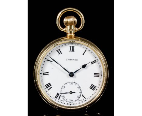 A George VI 9ct Gold Cased Keyless Lever Pocket Watch retailed by Garrard, the white enamel dial with Roman numerals, subsidi