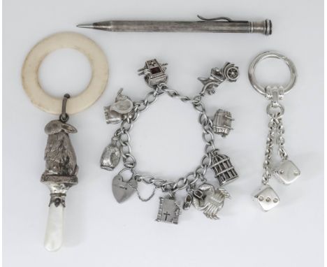 An Elizabeth II Child's Silver Rattle, and mixed silverware, the rattle possibly by W. H. Collins &amp; Co, Chester 1958, mod