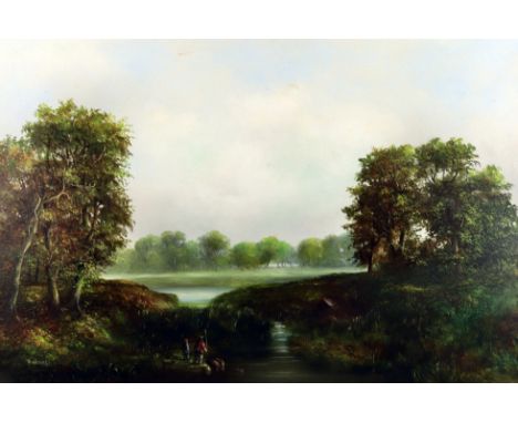 R. WITCHARD (20th Century) - Oil painting - Landscape with two figures, one fishing, signed, canvas 20ins x 30ins, in gilt mo