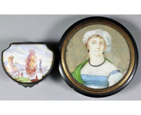 A Black Lacquered Papier-mâché Circular Snuff Box, 19th Century, the lid inset with miniature shoulder half-length portrait o