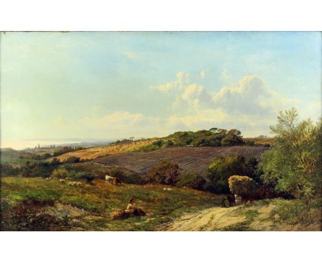 ALFRED WALTER WILLIAMS (1824-1905) - Oil painting - Cattle, hay cart and figures in a landscape, initialled and dated 1860, r