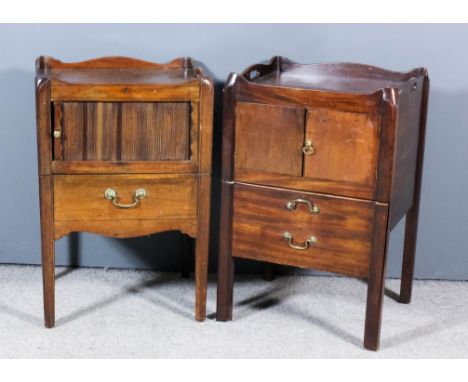 Two Mahogany Tray Top Bedside Cabinets, George III, each with shaped sides and handle cut-outs, one fitted cupboard enclosed 