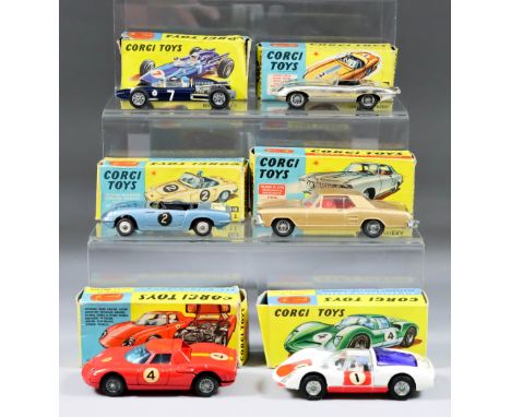 A Group of Six Corgi Diecast Model Vehicles, including - Porsche Carrera 6, No.330, Lotus Elan S2, No. 318, Cooper Maserati F