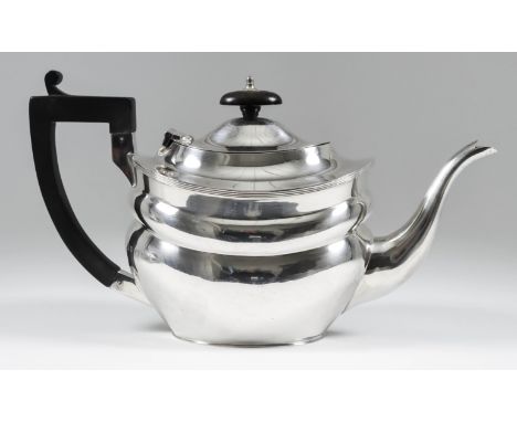 A George V Silver Oval Tea Pot, maker's mark rubbed, Birmingham 1927, with slightly domed cover, reeded mounts and bulbous bo