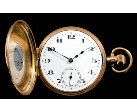 A George V 9ct Gold Half Hunting Cased Keyless Lever Pocket Watch, hallmarked Birmingham 1929, the white enamel dial with Ara