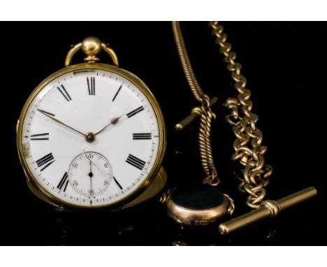 A George V 18ct Gold Cased Open Faced Pocket Watch, No. 9555, the white enamel dial with Roman numerals and subsidiary second