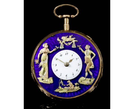 A 19th Century French Gold and Blue Enamel Cased Repeating "Automaton" Pocket Watch, (anonymous), the blue enamel dial inset 