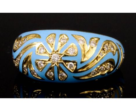 A Diamond and Turquoise Enamel Ring, Modern, in 18ct gold mount, pave set with diamonds in stylised flowerhead pattern within