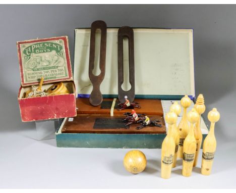 A "Minoru" Board Game, Early 20th Century, the "Double Event" edition, an early 20th Century box set of humming top, peg top,