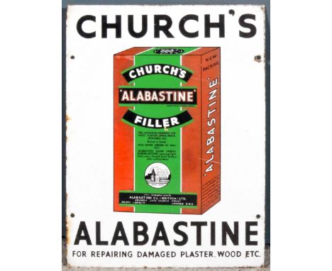 A 20th Century Enamel Rectangular Advertising Sign in green, brown, black and white, "Church's Alabastine Filler" illustratin