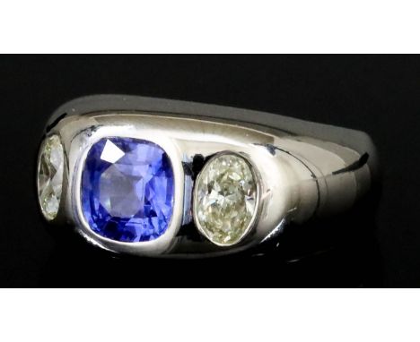 A Sapphire and Diamond Ring, Modern, in 18ct white gold mount, set with a square faceted sapphire, approximate weight 1ct, fl