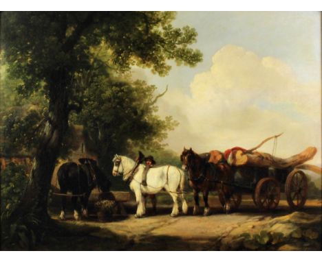 HENRY BRITTAN WILLIS (1810-1884) - Oil painting - "The Timber Wagon" - Rural landscape with heavy horses watering at a trough