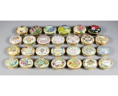 A part collection of Halcyon Days enamel New Year boxes - 1977-2003 (27), and 16 other Halcyon Days enamel boxes, various