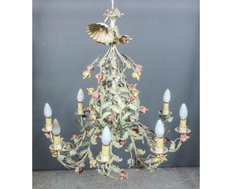 An Italian Painted Metal Eight-light Electrolier, 20th Century, of leaf and rose form with bulbous centre and conforming leaf