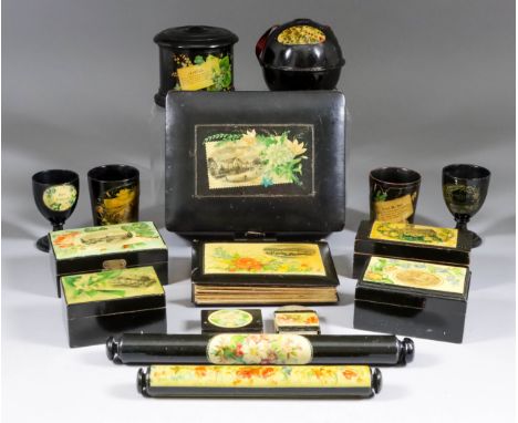 A Collection of Mauchline Black Lacquer Ware, including - a box - "High-Gate, Hawkhurst", 5.25ins x 6.75ins x 2ins high, a st