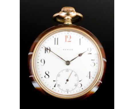 A 20th Century Zenith Keyless Pocket Watch in Banded Agate Case, the white enamel dial with Arabic numerals and subsidiary se