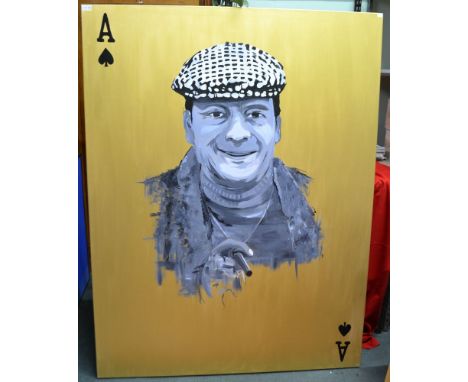 "Del Boy" character portrait, en grisaille oil painting on a gold ground, monogrammed with an Ace of Spades motif 171cm x 130