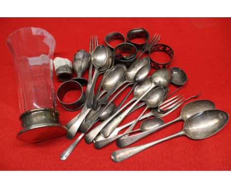 A quantity of miscellaneous silver, includes cutlery, napkin rings, pair of caddy spoons etc combined weight 720g