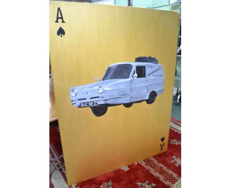 "Trotters Independent Trading Co" three wheeler van, en grisaille oil painting on gold ground, monogrammed with an Ace of Spa