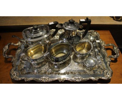 A decorative two handled silver plated tea tray, together with a plated tea pot, plated hot water jug etc