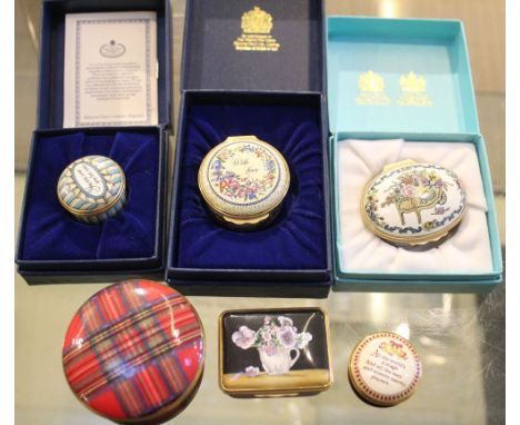 A collection of five "Halcyon Days" enamel boxes and a "Royal Grafton" ceramic Tartan pattern box (6)