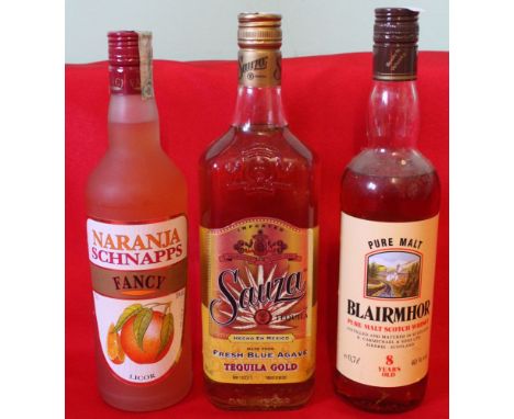 Naranja Schnapps, 1 bottle Blairmhor Pure Malt Scotch Whisky, 1 bottle Sauza Tequila Gold, 1 bottle