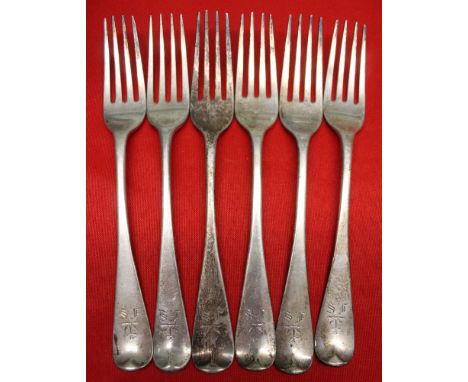 Six Hanoverian design silver table forks, (5) London 1834 and (1) London 1800, combined weight 374g (6)