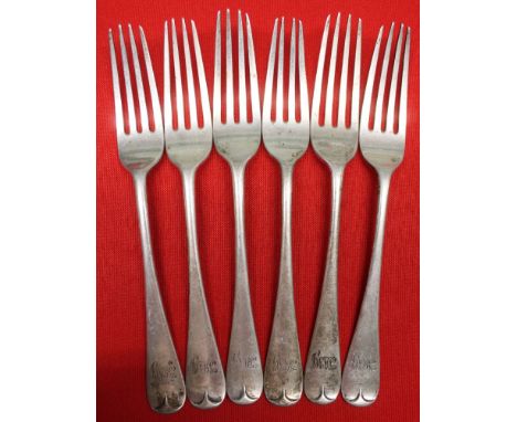 A set of six Victorian silver dessert forks, Hanoverian pattern, London 1884, combined weight 293g (6)&nbsp;