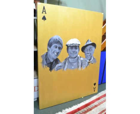 "Del Boy, Rodney and Grandad" characters portrait, en grisaille oil painting on a gold ground, monogrammed with an Ace of Spa
