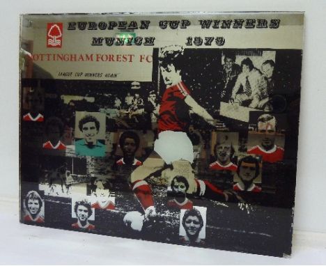 A Nottingham Forest transfer print mirror, European Cup Winners, Munich 1979, with photo montage of the team and Garry Birtle