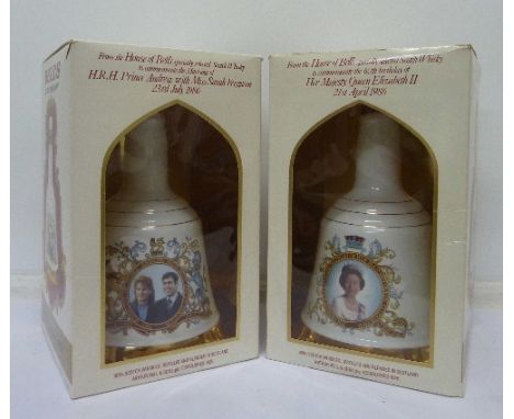 Two commemorative Bell's Scotch Whisky decanters, 60th Birthday of Her Majesty Queen Elizabeth II, 1986, and Royal Wedding, 1