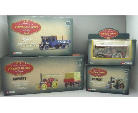 Four Corgi Vintage Glory of Steam models including Garrett Road Tractor & Flatbed Trailer-Anker Valley and a Foden Dropside W