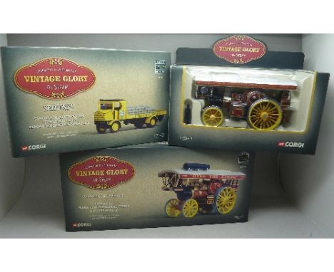 Three Corgi Vintage Glory of Steam models including Fowler B6 Super Lion Showmans Engine (King Carnival II), all boxed
