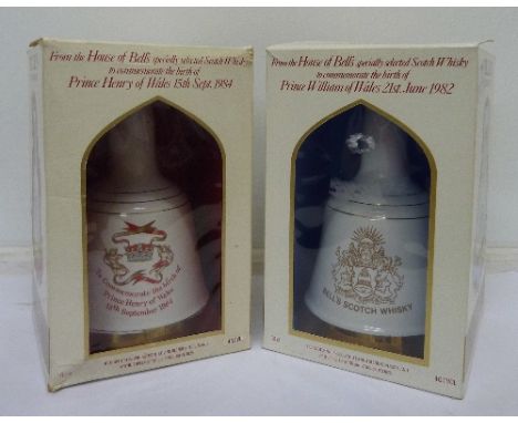 Two commemorative Bell's Scotch Whisky decanters, births of Prince William and Prince Harry, sealed with contents, boxed