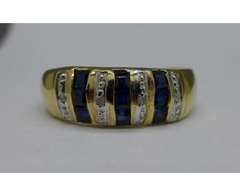 A 9ct gold, sapphire and diamond ring, weight 1.9g, size N