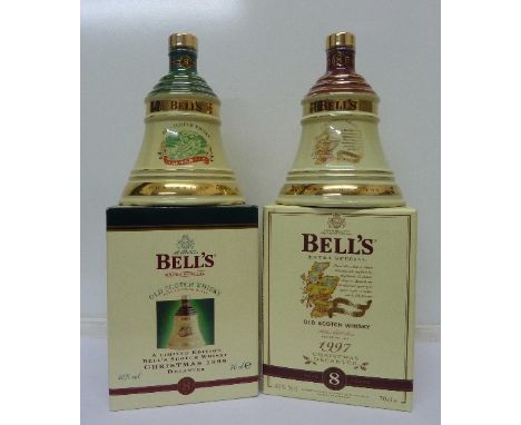 Two Bell's Extra Special Scotch Whisky decanters, Christmas 1997 and 1998, sealed with contents, boxed