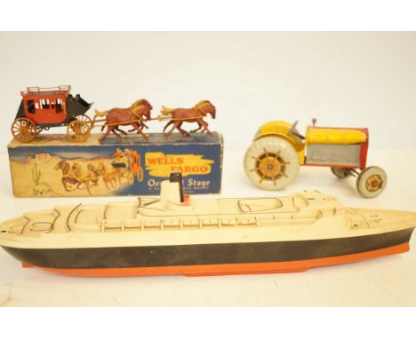 Scale model Wells Fargo over land stage together with a vintage tin tractor & model ship 